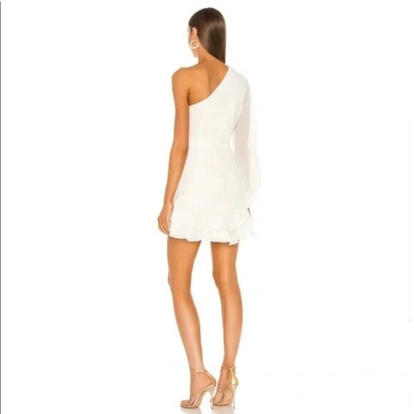 NWT Michael Costello Revolve Sunny One Sleeve Front Slit Mini Dress White Medium - Picture 2 of 12